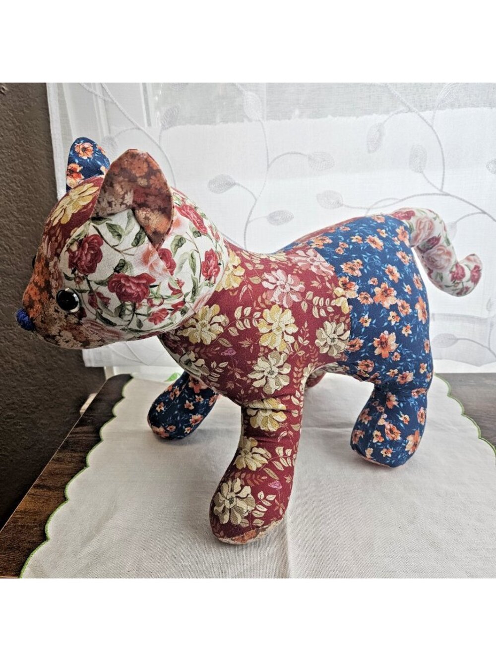 Fabric Cat Stuffed Doll Plush Colorful Floral Patchwork Cottagecore Vintage
